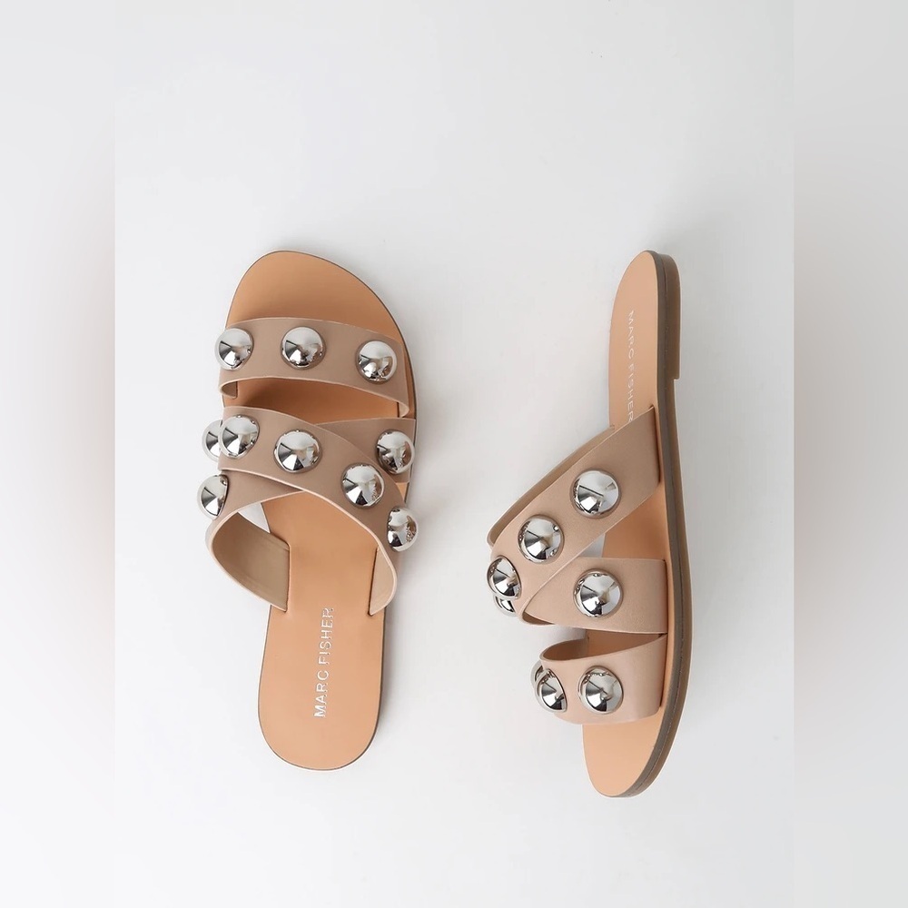 Marc Fisher Leather Nude/Tan Studded Slide Sandals